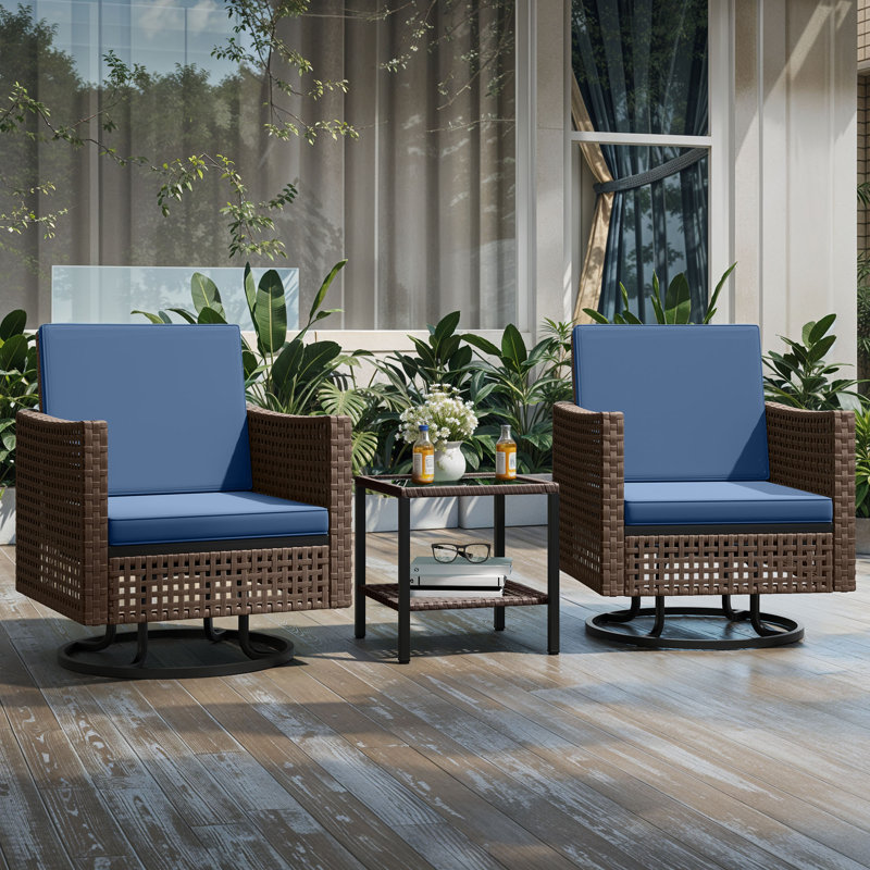  Chaises berçantes d'extérieur pivotantes avec table d'appoint en rotin, Bleu, Brun foncé