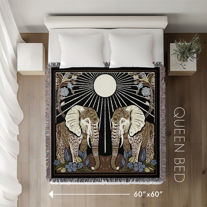 Jeté en mélange de coton Lim Elephant, L 60 po x l 60 po, Noir / vert / jaune