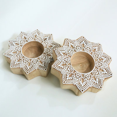  Wooden Candle Stand Handmade Rustic Block Holder with Deep Natural Stain Finish-(Pack Of 10)