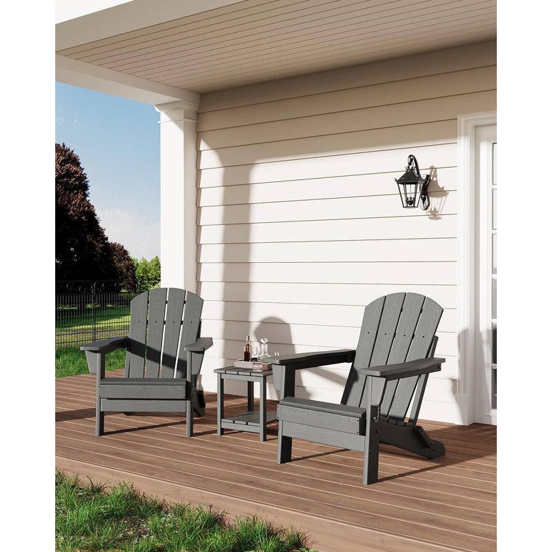 3-Piece Folding Adirondack Chair Set with Side Table, Weather-Resistant HDPE Plastic, 380 lbs Capacity, Wood-Like Texture - Black