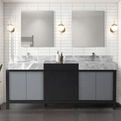 Black And Grey Double Bath Vanity 80 In. W X 22 In. D, Castle Grey Marble Top And Chrome Faucet Set