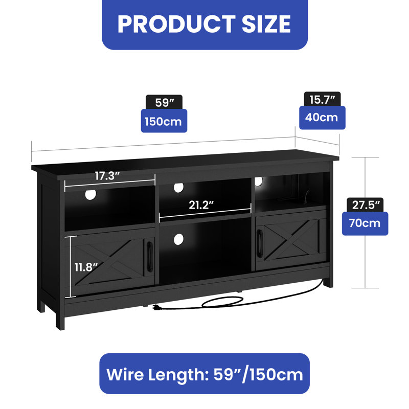 Meuble télé Mercato Modern Farmhouse, Noir, H 25,6 po x l 59 po x P 15,7 po