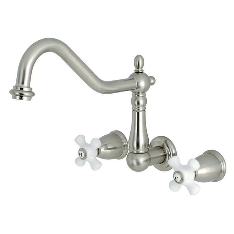 Kingston Brass Heritage Double-Handle 3-Hole Wall-Mount Kitchen Faucet, Brushed Nickel