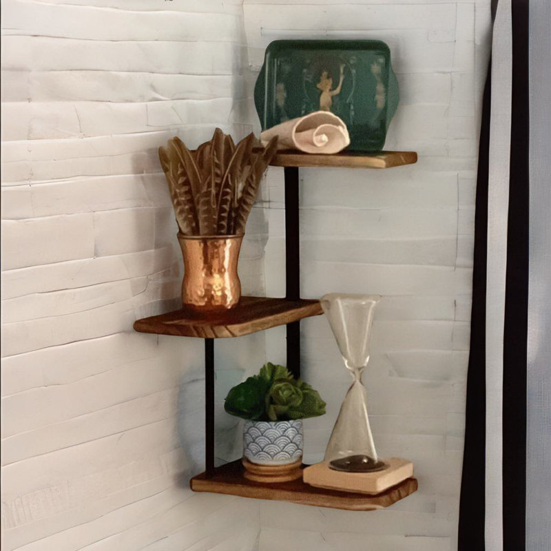 Applin 3 Tier Wall Mounted Floating Corner Shelf Rustic Brown