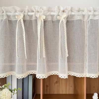 Sheer Window Valance with Lace Trim and Bow Accents, Rod Pocket Curtain Panels for Kitchen and Small Windows