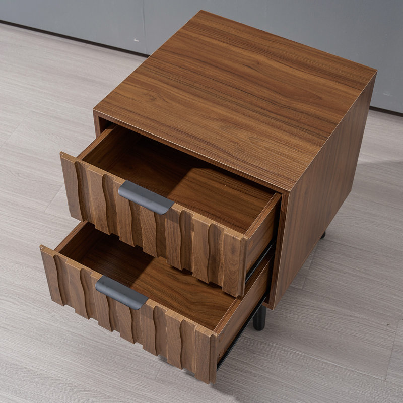 2-Drawer Fluted End Table With Solid Wood Legs, Storage Side Table For Living Room/Bedroom