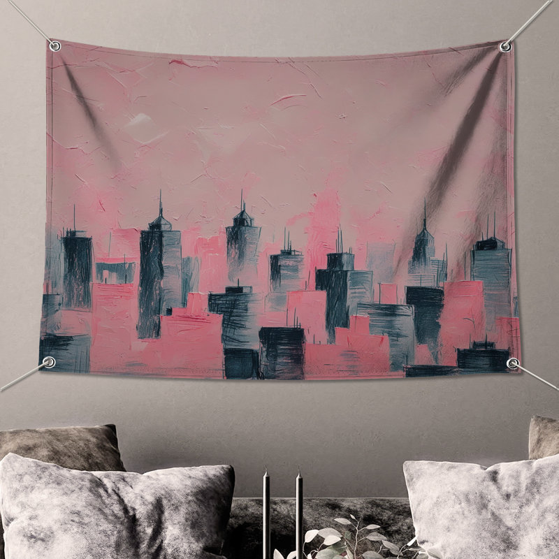 Tapisserie murale rose avec paysage urbain - décoration murale paysage urbain, 68 po H x 80 po L avec 4 œillets