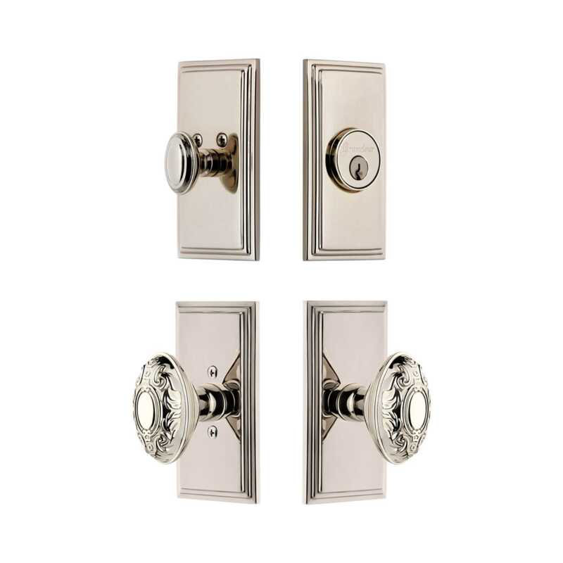 Grandeur Carre Short Plate Entry Set with Grande Victorian Knob in Antique Pewter, 2.375", Polished Nickel