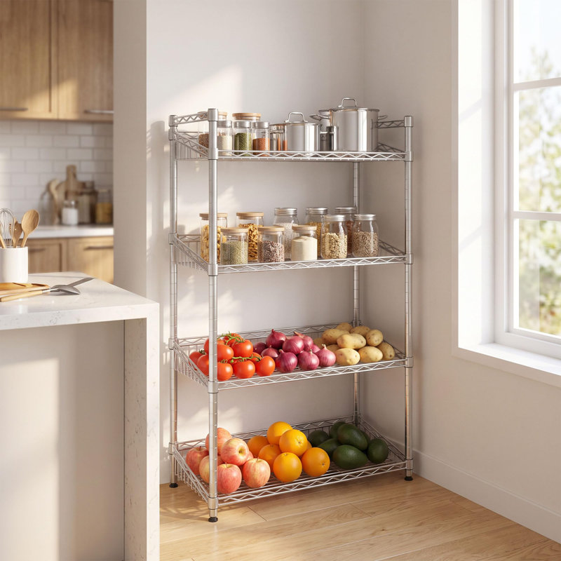 4-Tier Chrome Wire Basket Shelving Unit, Adjustable Steel Storage Rack