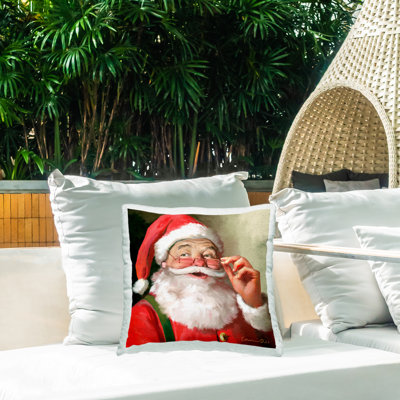 Jolly Red Santa Claus Laughter Outdoor Printed Pillow by Yellow Café
