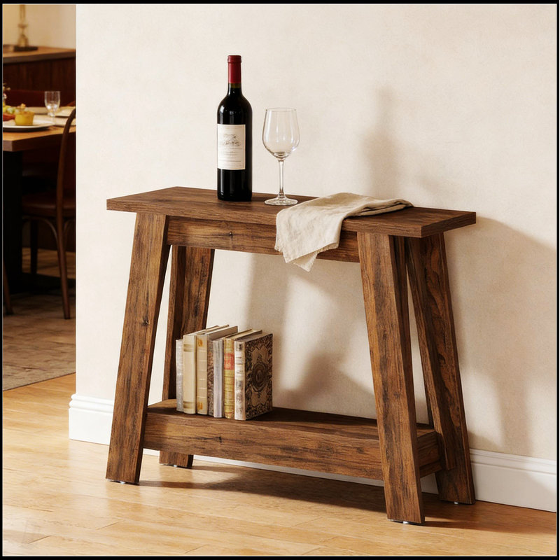 Console rustique, table d'entrée à 2 niveaux, canapé étroit avec design distinctif et rangement polyvalent