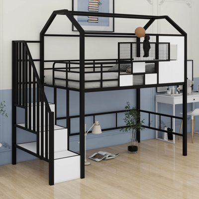 Twin Size Metal Loft Bed With Roof Design And A Storage Box