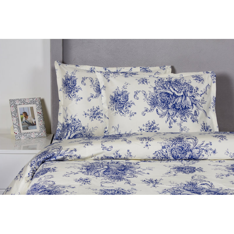Benedictine Sateen Toile Duvet Cover, Full/Queen Duvet Cover + 2 Standard Shams, Navy