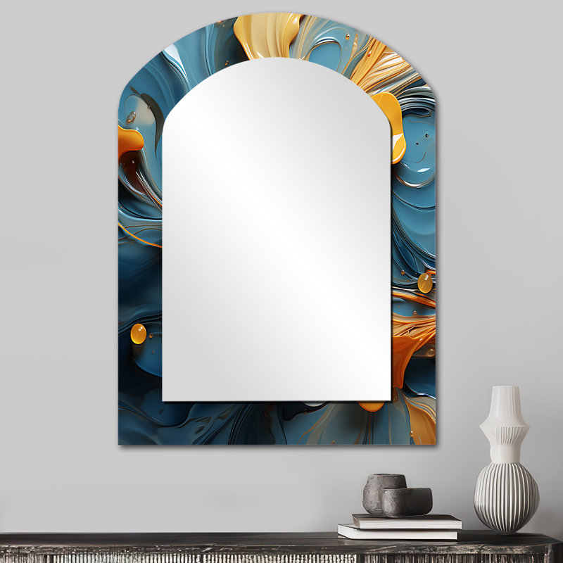 Feuilles orange modernes flottant sur une vague bleue tendre, 34 po x 25 po