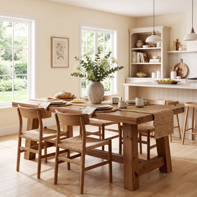 63" Solid Fir Wood Farmhouse Rectangular Dining Table for 4-6, Natural Wood Kitchen Table with Trestle Base & 2" Thick Tabletop