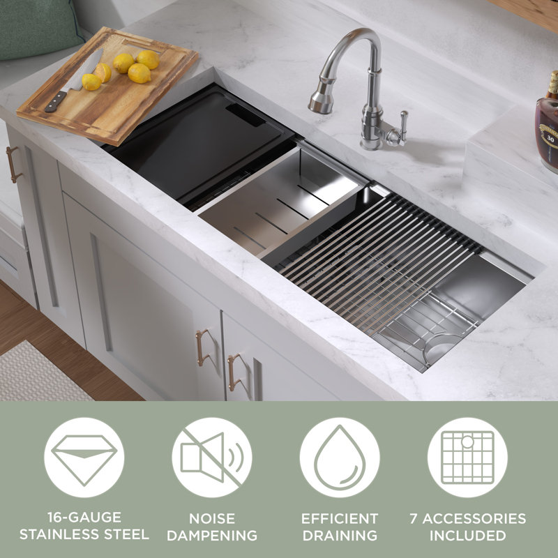 Whitehaus 45" Undermount Single Bowl 16 Gauge Brushed Stainless Steel Workstation Sink With Accessories, 45"