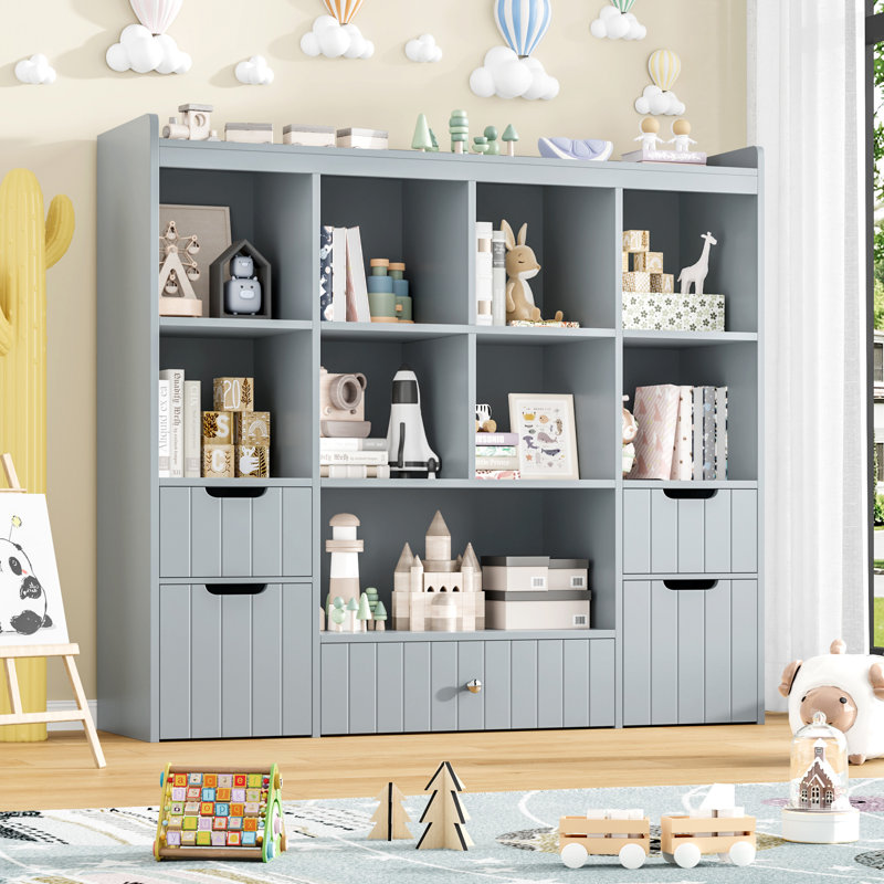 Castle White Bookshelf, 4-Tier Open Shelf Bookcase, 9 Cube Storage Organizer and 5 Drawers with Anti-Tilt Device, Freestanding Horizontal Bookshelf Cube Shelf for Bedroom, Living Room