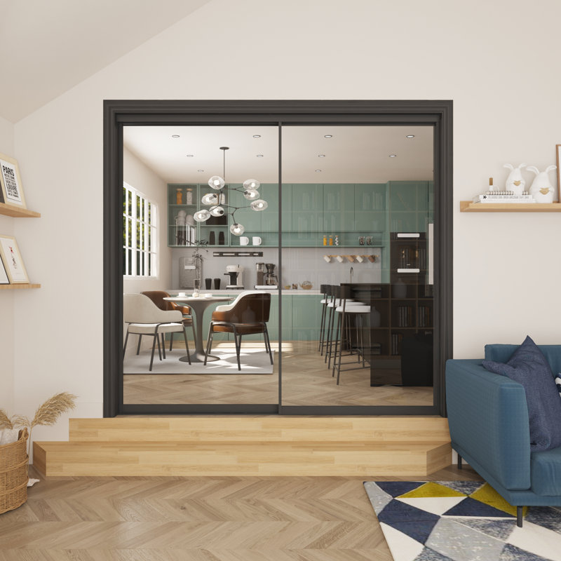 80“H x 72"W 2 Panels Closet And Room Divider​ Black Aluminum Frame Tempered Clear Glass Sliding Closet Door With Hardware Kit  