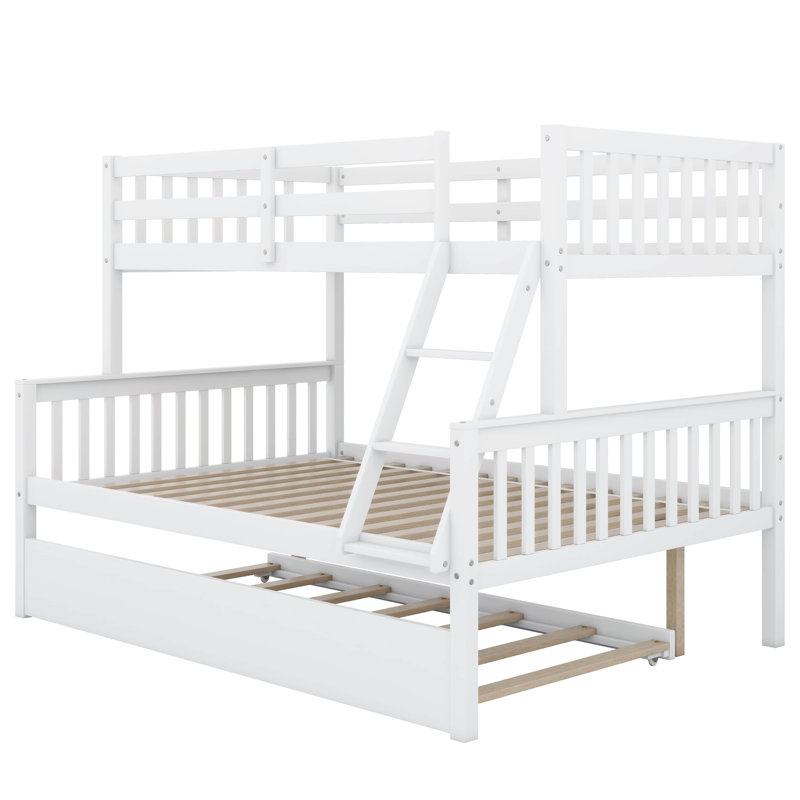 Twin Over Full Rubber Wood Bunk Bed With Trundle, Convertible Ladder And Guardrail, Detachable, White, Twin Over Full