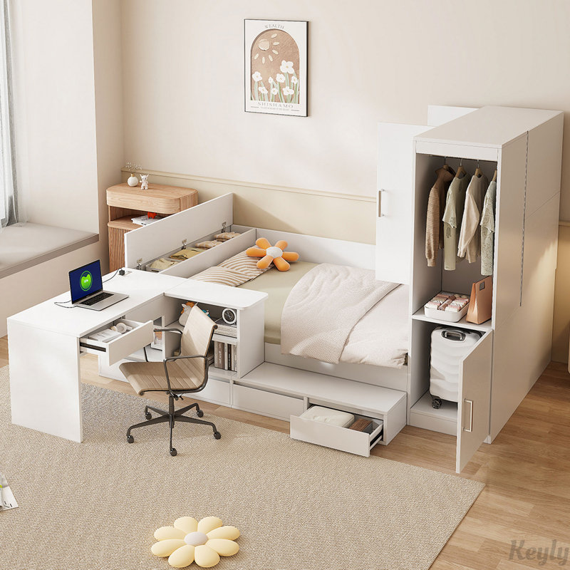Lit plateforme en bois avec 6 tiroirs, tablettes, bureau et garde-robe, Blanc