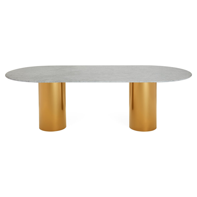 Oval White Marble Top Dining Table with Gold Pedestal Base