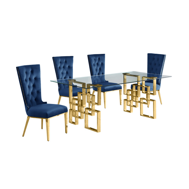 Chaplin Glass Top Double Pedestal Dining Set, 5, Navy Blue/Gold
