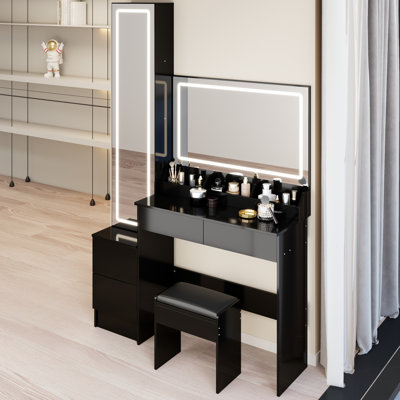 Très grande coiffeuse à miroir à DEL avec double miroir DEL, commande tactile, interrupteur à 3 couleurs et rangement multicouche