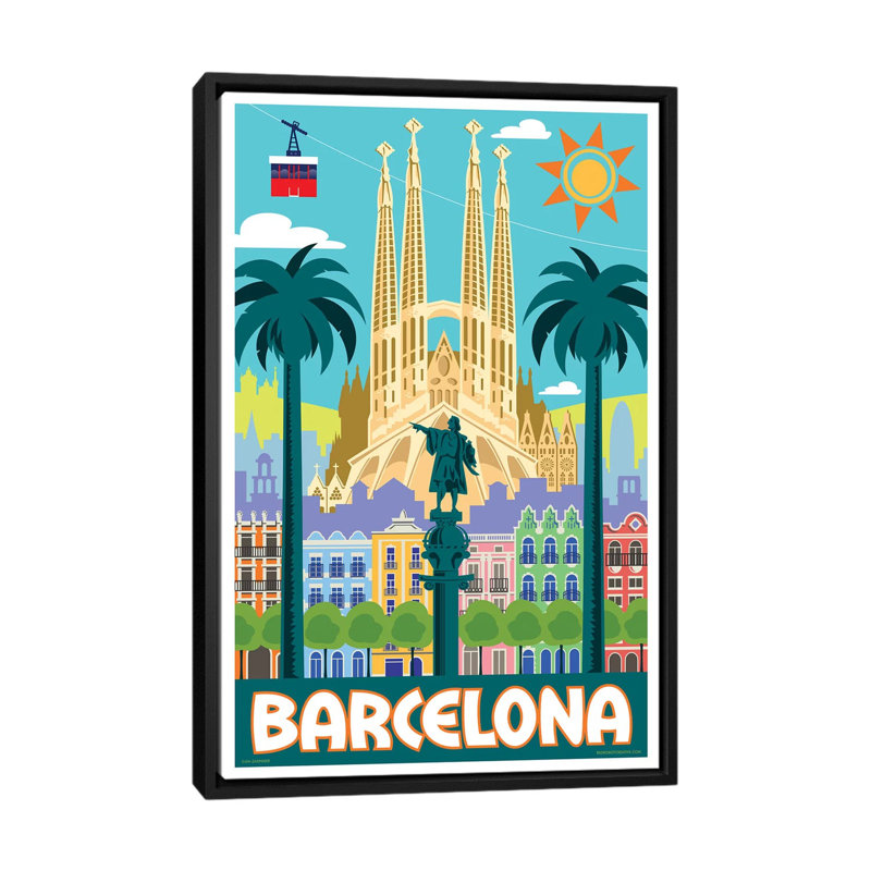 Affiche de voyage Barcelona par Jim Zahniser-impression d’art graphique, H 26 po x l 18 po x 1,5 po, Toile avec cadre noir