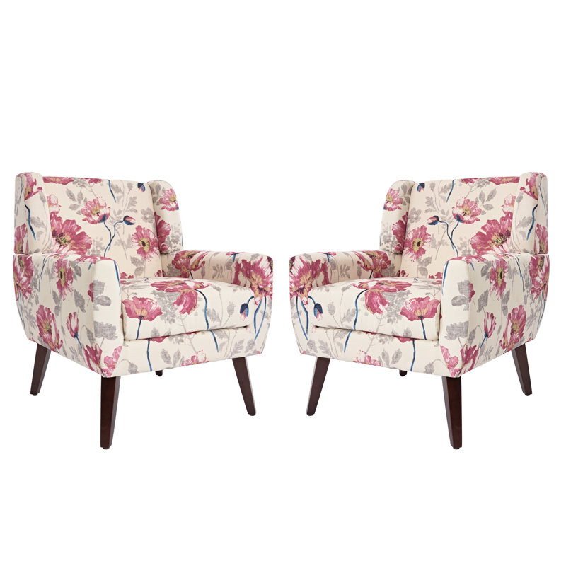 Jaqueze Upholstered Pattern White Linen Blend Tufted Wide Back Armchair with Solid Wood Leg, White/Pink Linen Blend