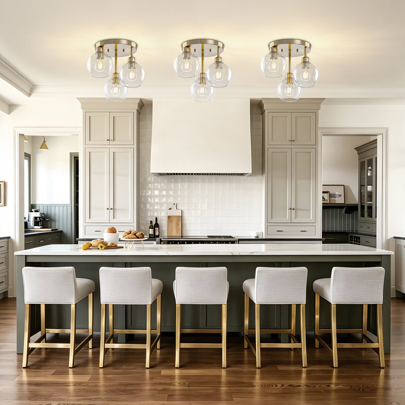 Plafonnier semi-encastré 3 lumières avec verre Globes, Doré