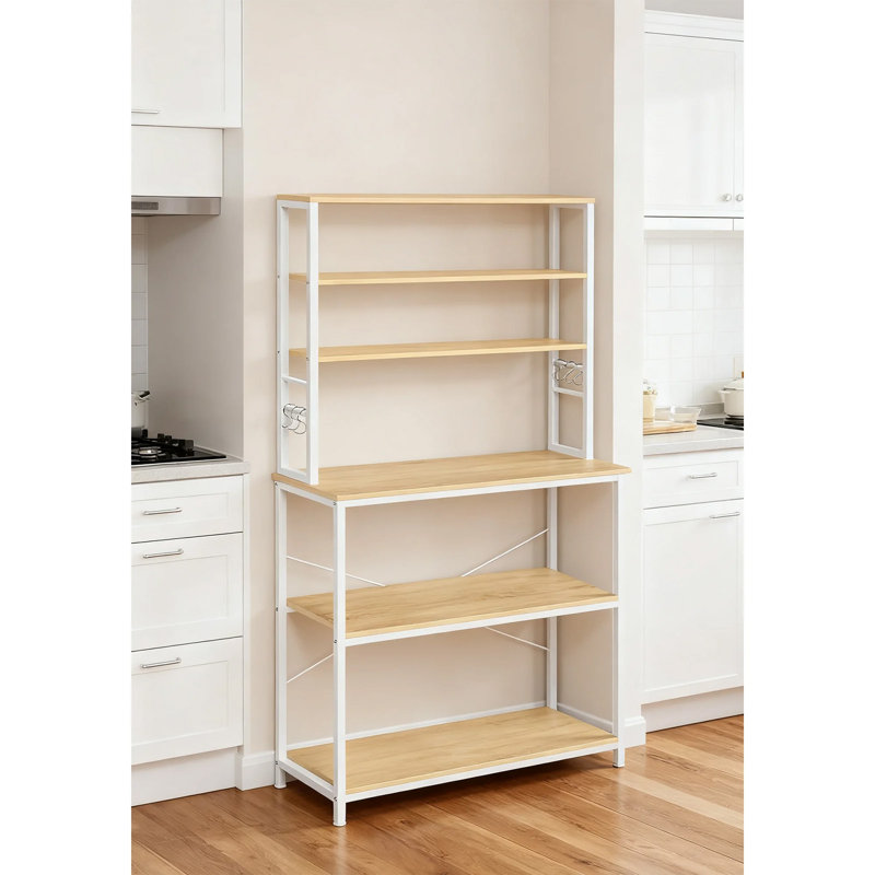 Étagère de boulanger avec 6 crochets, support pour micro-ondes avec rangement, étagère de rangement industrielle à 6 niveaux, étagère en bois autoportante, finition chêne et blanc