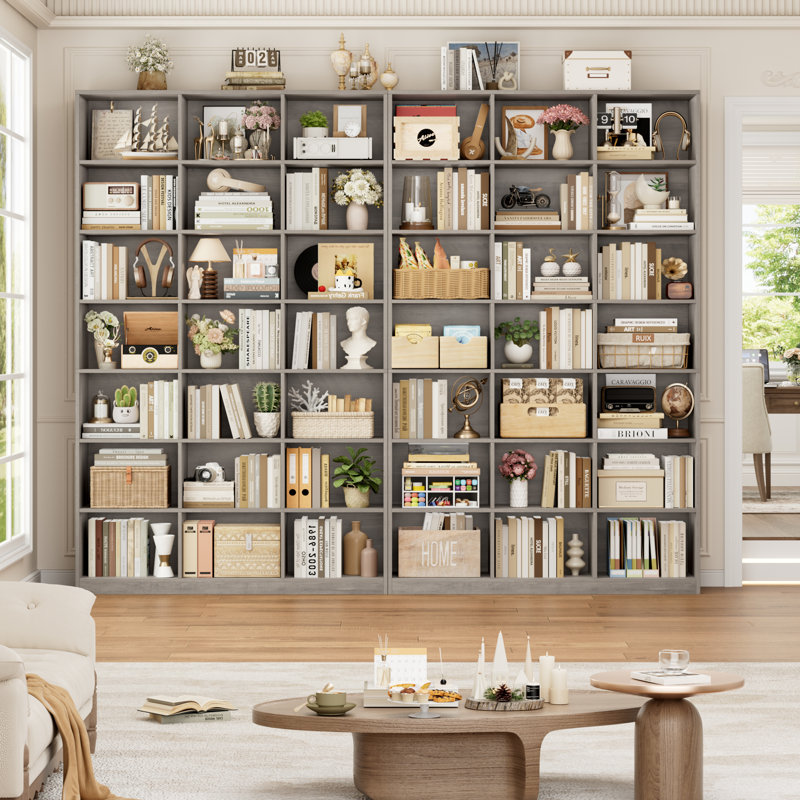 86"H X 47.2"W 7-Tier Standard Wood Storage Bookcase, Gray