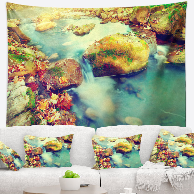 Tapisserie en polyester de mer de montagne avec pierres avec accessoires suspendus inclus, H 50 po x l 60 po