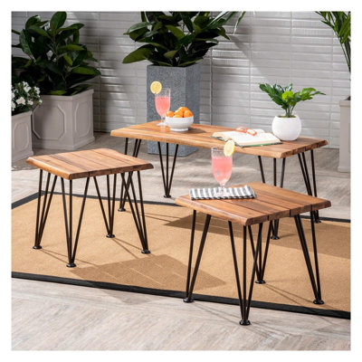 Industrial 3-Piece Coffee Table Set with 2 Accent Tables, Acacia Wood & Metal Frame, Teak Finish
