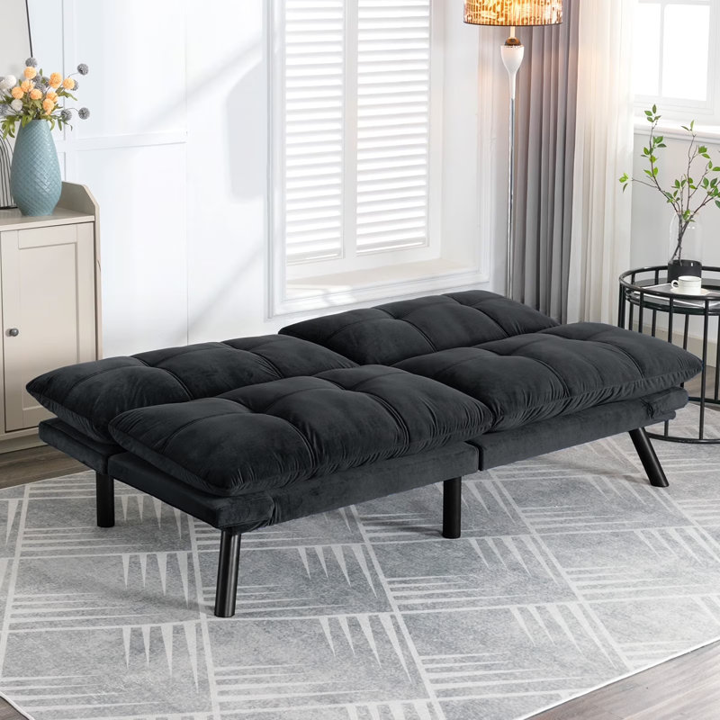 71'' Convertible Folding Modern Sofa Bed with Adjustable Armrest, Black Velvet, 29.13'' H x 70.87'' W x 38.6'' D
