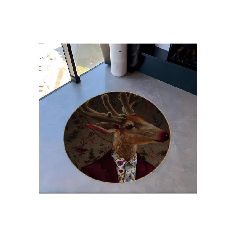 Abstract Themed Suit Deer Patterned Round Woven Base Modern Decorative Carpet, Round 2'8"