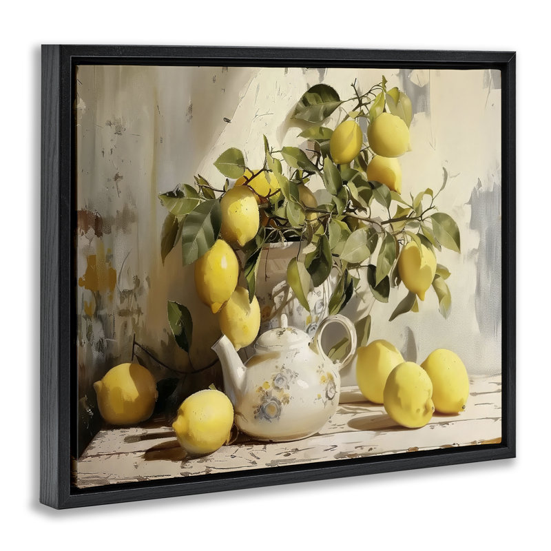 Cadre flottant Lemon Still Life avec théière, design par LSR Design Studio, 25 x 31, Jet Black Floater Framed