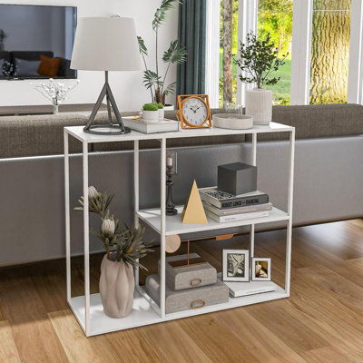 Modern White Console Table With 3-Tier Storage Shelf For Living Room, Entryway, Hallway, And Sofa