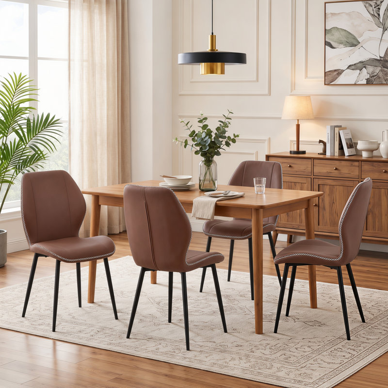 Ensemble de 4 chaises de salle à manger modernes rembourrées en cuir PU avec pieds en métal, Brown, Brown