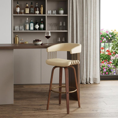 Tabouret de bar à hauteur de comptoir ou de bar Lynnon en similicuir, bois et métal bronze doré