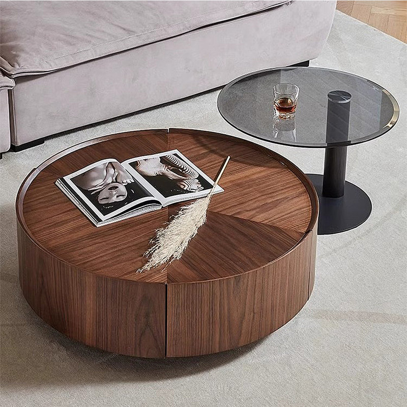 Minimalist walnut color round coffee table set