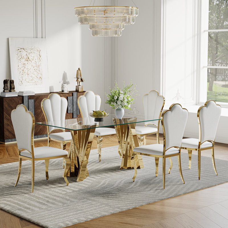 7-Piece Modern Dining Set – 70" Glass Dining Table With Stainless Steel Base & 6 Faux Leather Shell-Back Chairs, Gold/White