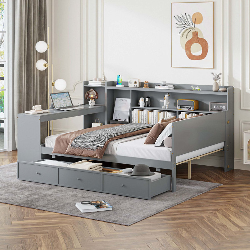 Wooden Daybed With 3 Drawers,USB Ports And Desk, Gray, Full/Double