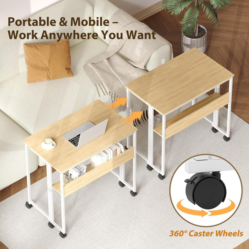 Folding Desk Small Rolling Desk with Storage Shelf and Wheels for Small Spaces, Beige, White