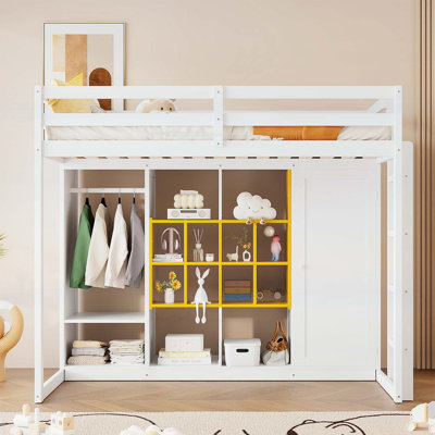 Lit mezzanine simple en bois avec garde-robe, tablettes et armoire, parfait pour les petites pièces et une utilisation multifonctionnelle