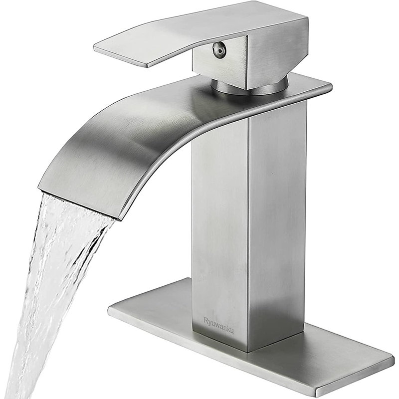 Bathroom Faucet Brushed Nickel Modern Waterfall Bathroom Sink Faucet With Single Handle Suitable For 1 Or 3 Holes,Supply Deck Plate And Hose