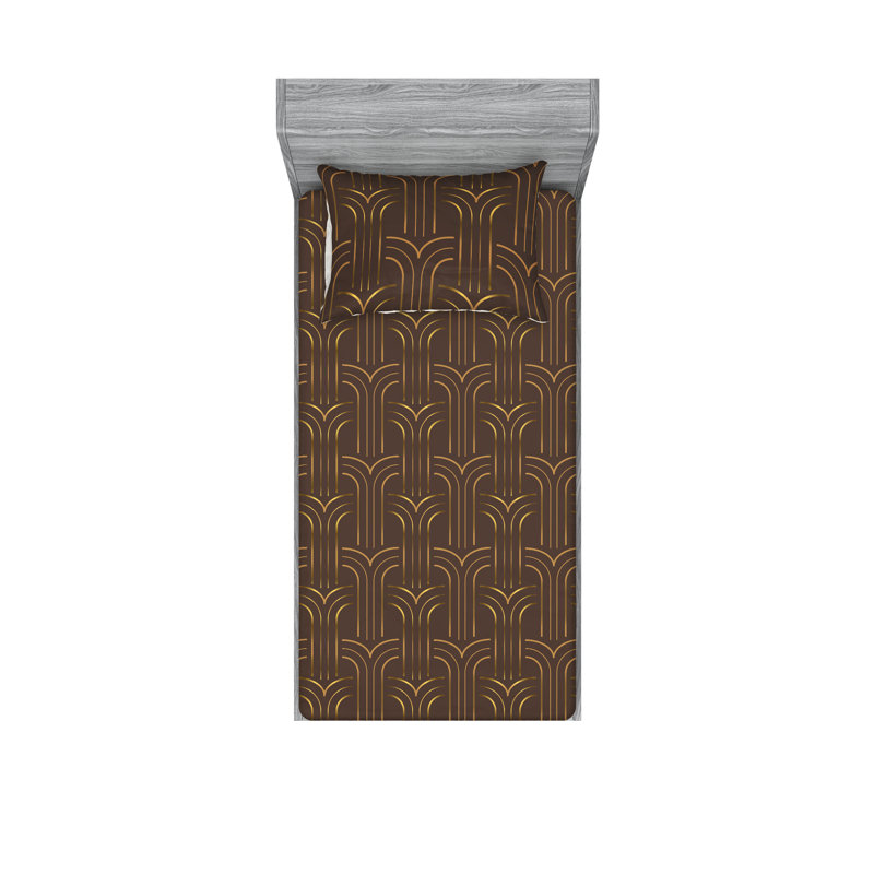 Ambesonne Fitted Sheet & Shams, Chocolate/Dark Mustard Abstract, Twin Sheet Set with 1 Pillowcase