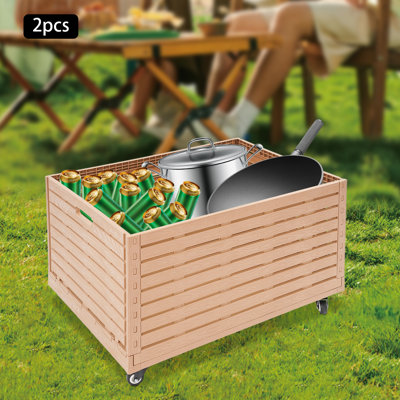 Set Of 2 Foldable Storage Bins With Wheels, Large 52.8-Gallon Rolling Containers With Wood Grain Finish For Home, Garage, And Office Organization