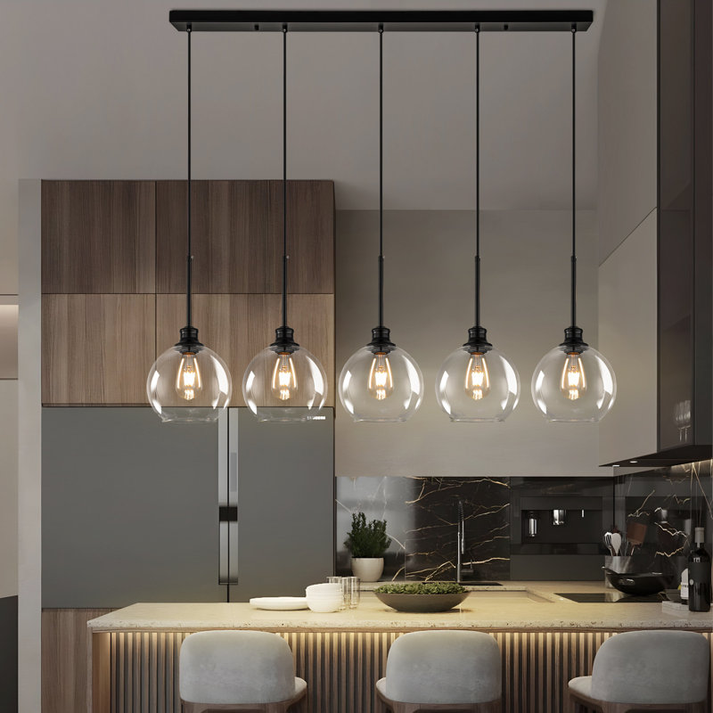 Luminaire suspendu pour îlot de cuisine noir mat 5 lumières Concow, Transparent
