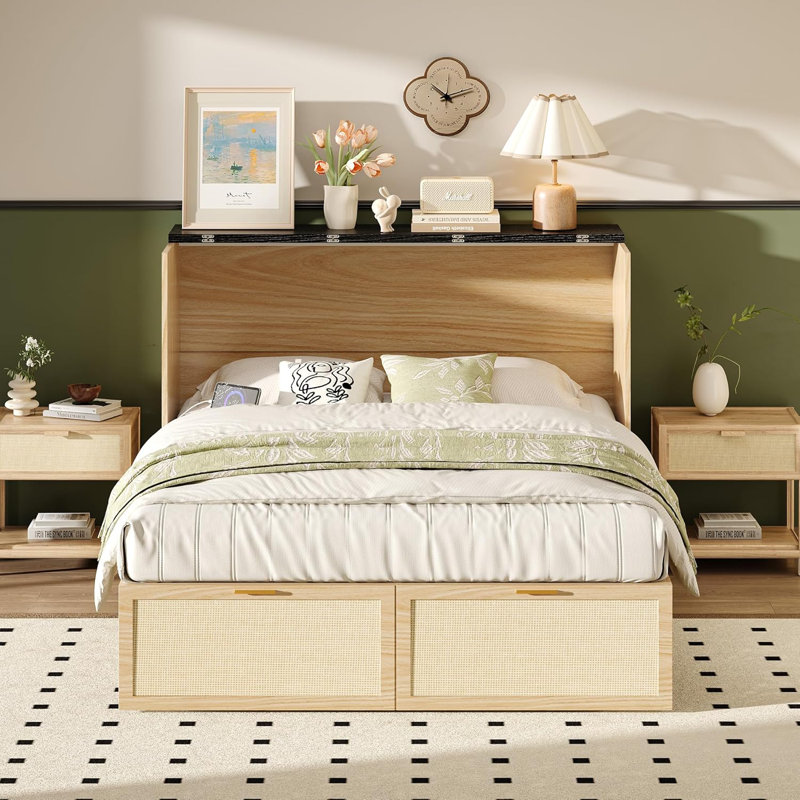 Queen Size Rattan Murphy Bed With Storage Drawer, Space-Saving Cabinet Bed For Kids,Adults And Guests,Beige, Queen